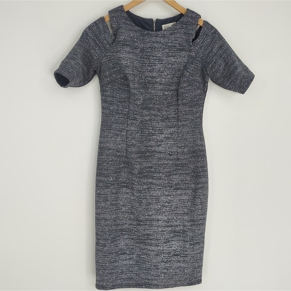 Eliza J Fitted Grey Sparkle Dress Zip Up In The Back Cold Shoulder Size 8 - Picture 1 of 7